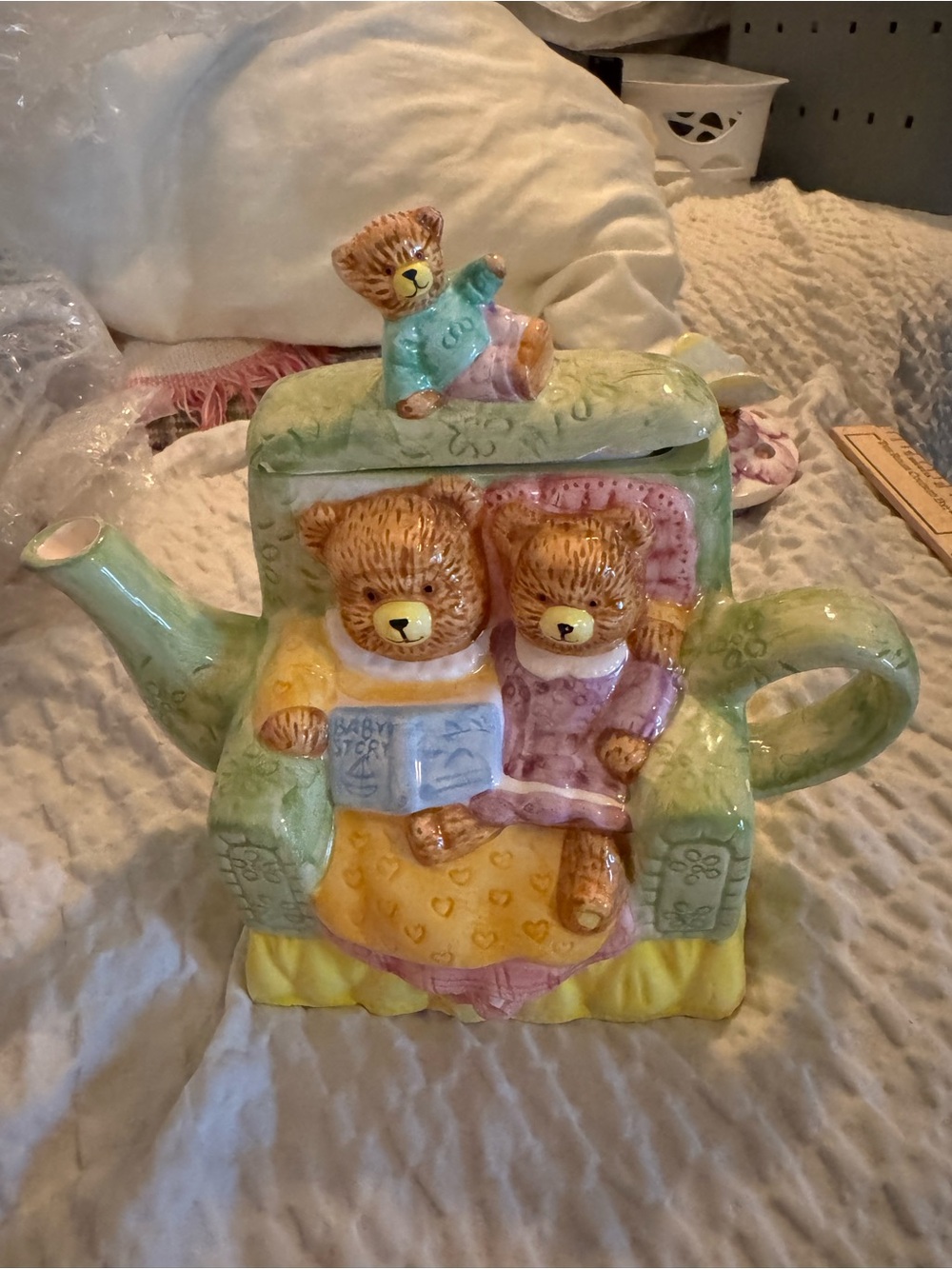 Hand-Painted Ceramic Teddy Bear Teapot in Pastel Green, Yellow and Pink